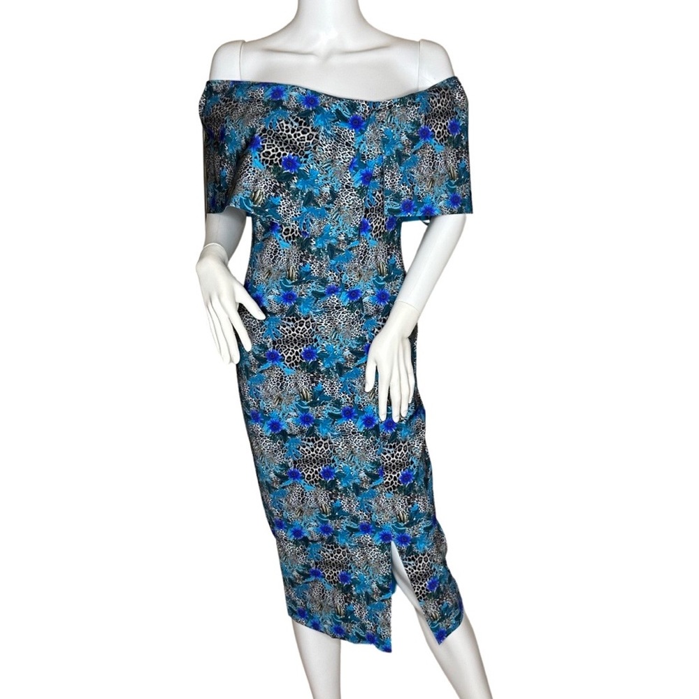 NEW Chiara Boni Off Shoulder Blue Floral Leopard Print Bodycon Sheath Dress NWT